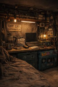 A cyberpunk and hardcore off-grid survival setup with a blue storage box, cables, and a metal camping cup.